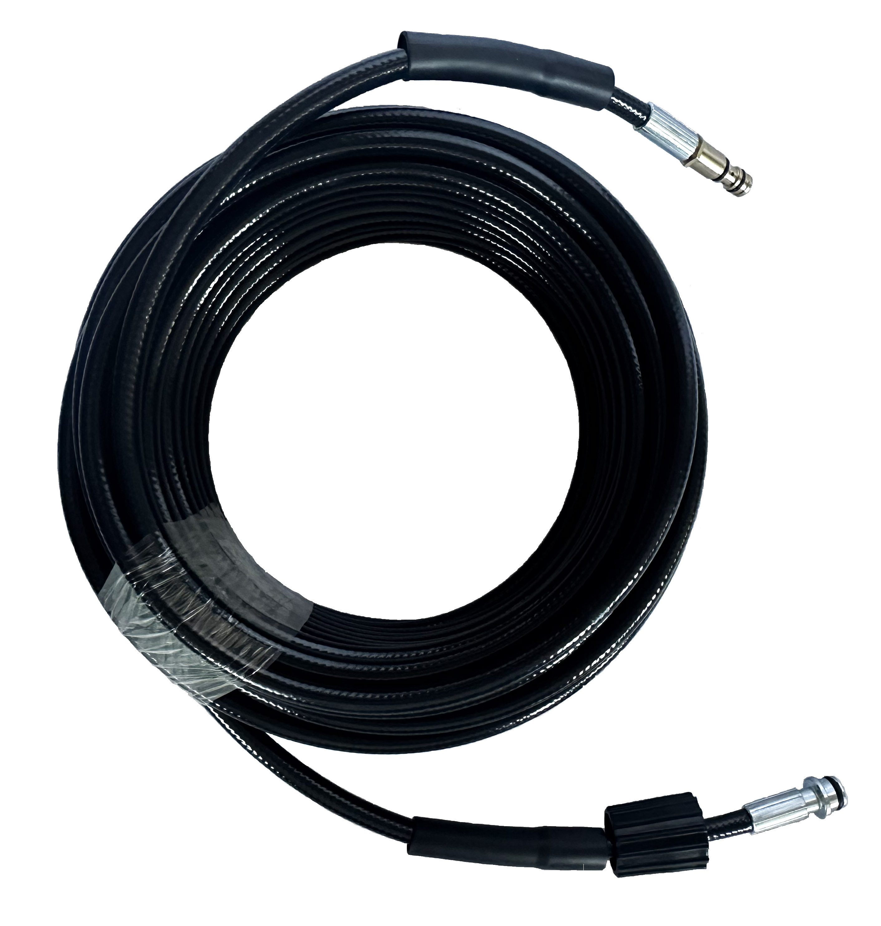 High-Pressure Hose - Heavy-duty black coiled high-pressure hose with reinforced construction. Designed to withstand maximum pressure while maintaining flexibility. Features ergonomic handles and professional-grade fittings for reliable performance.