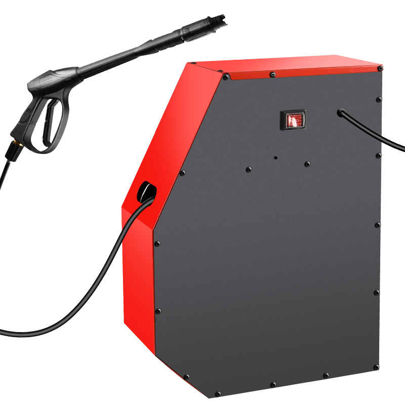 Red and black compact wall-mounted high-pressure washer with integrated spray gun and hose storage - 1100W professional cleaning system featuring 6.7MPa pressure, 20-meter retractable hose, and space-saving design for residential and commercial applications