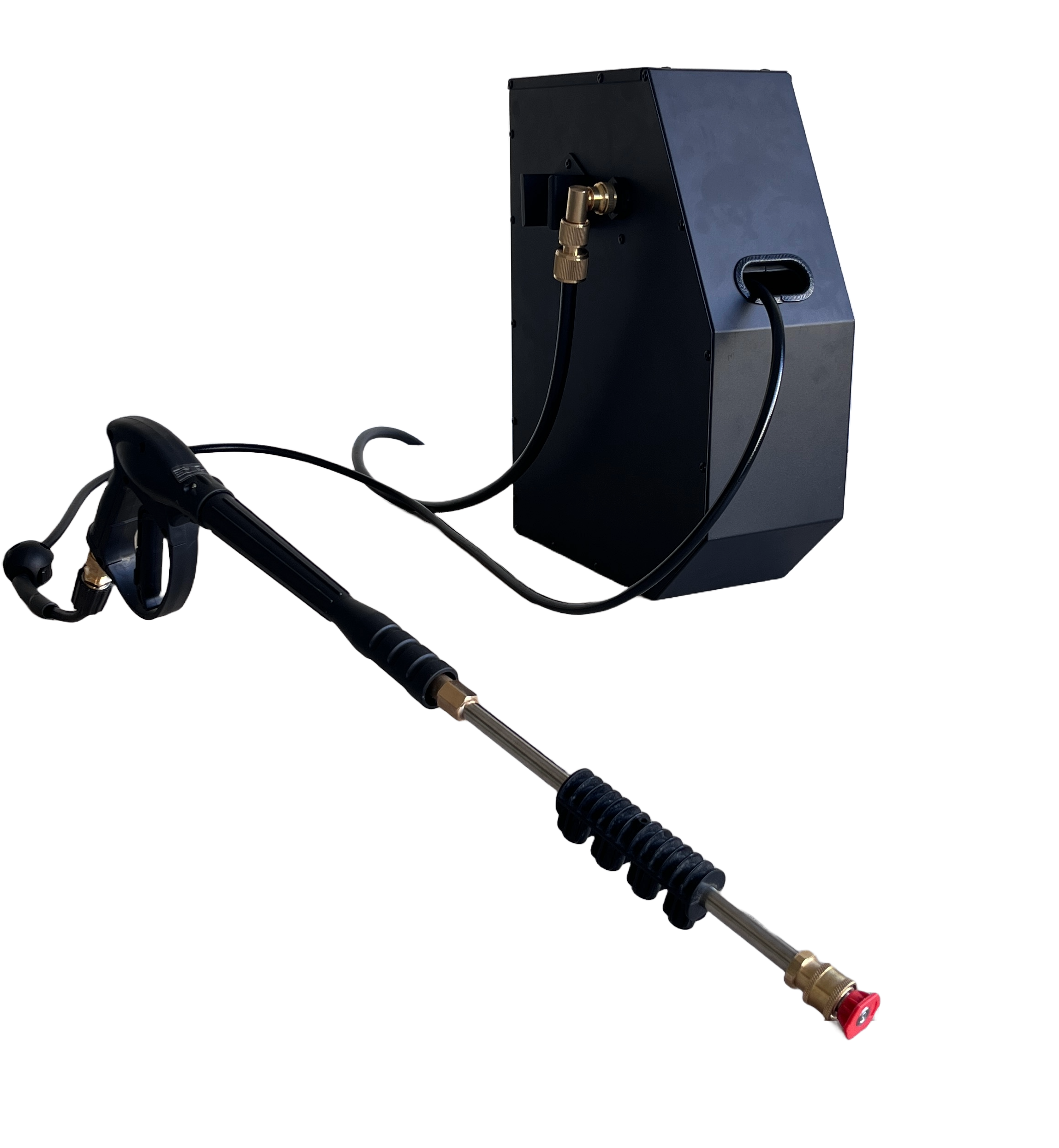 Red and black compact wall-mounted high-pressure washer with integrated spray gun and automatic hose reel storage system