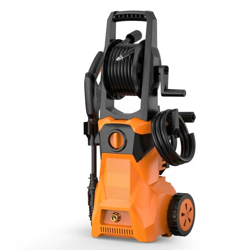 Portable electric pressure washer with wheels, orange and black design, featuring integrated hose reel, spray gun, and wheeled base for easy mobility - 850W model ideal for home and automotive cleaning with convenient transportation and storage