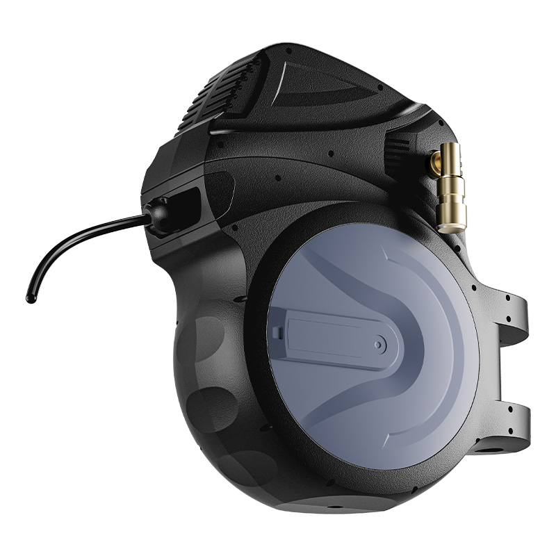 Black wall-mounted high-pressure washer with integrated blue-gray hose reel system, featuring compact rounded design and professional-grade construction - 1800W upgraded model delivering 12.9MPa pressure with 28-meter hose for extended reach in industrial and commercial cleaning applications